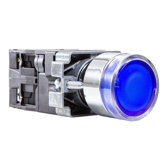 Botón metálico iluminado azul Ø 22mm 1NA+1NC 220VAC Metaltex