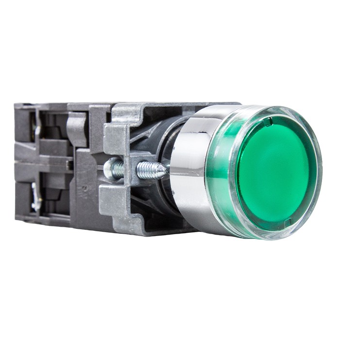 Botón metálico iluminado verde Ø 22mm 1NA+1NC 24VAC/VDC Metaltex